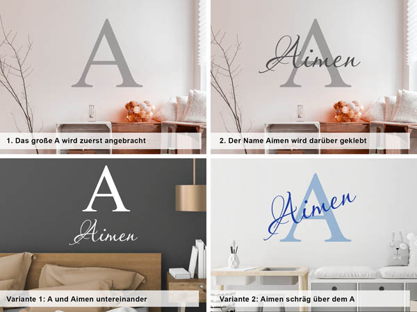Verschiedene Anordnungen des Wandtattoos Aimen
