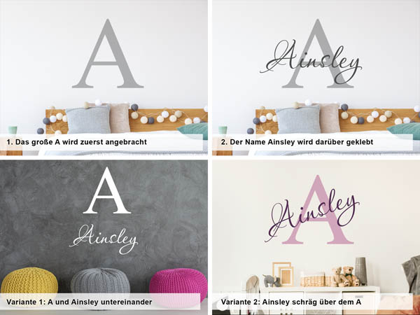 Verschiedene Anordnungen des Wandtattoos Ainsley