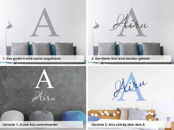 Verschiedene Anordnungen des Wandtattoos Airu