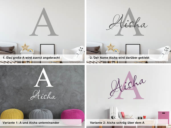 Verschiedene Anordnungen des Wandtattoos Aisha