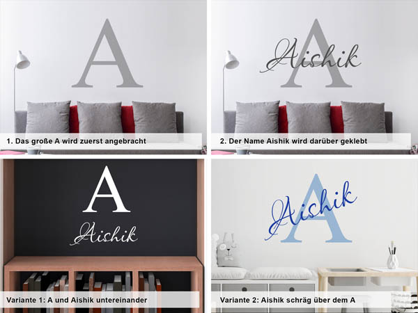 Verschiedene Anordnungen des Wandtattoos Aishik