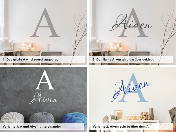 Verschiedene Anordnungen des Wandtattoos Aiven