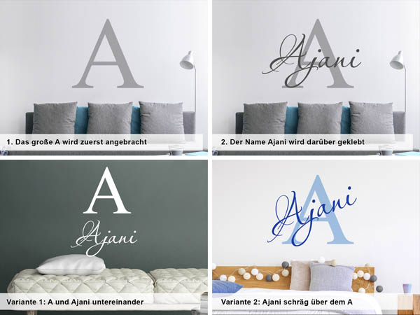 Verschiedene Anordnungen des Wandtattoos Ajani