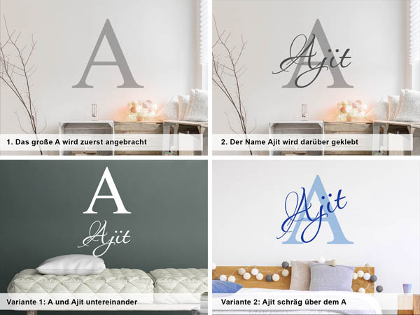 Verschiedene Anordnungen des Wandtattoos Ajit