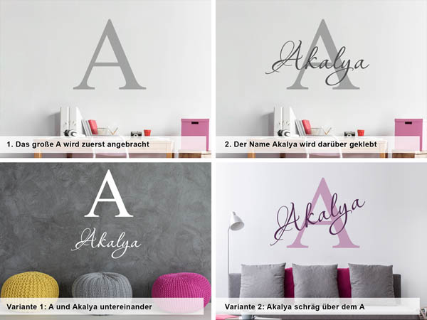 Verschiedene Anordnungen des Wandtattoos Akalya