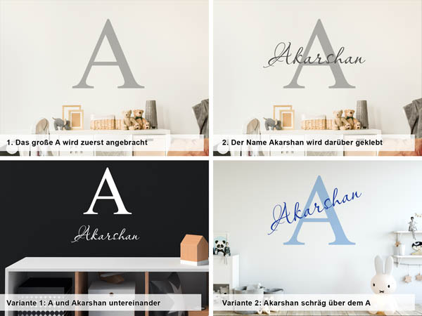 Verschiedene Anordnungen des Wandtattoos Akarshan