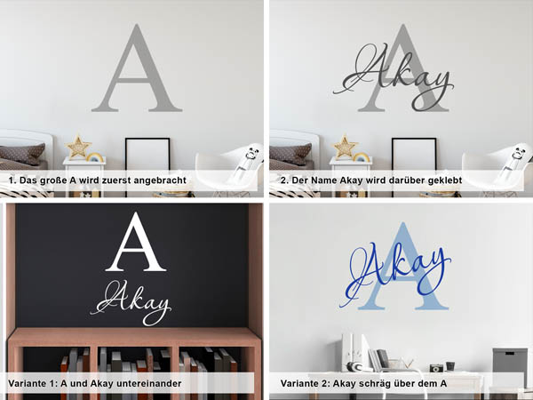 Verschiedene Anordnungen des Wandtattoos Akay