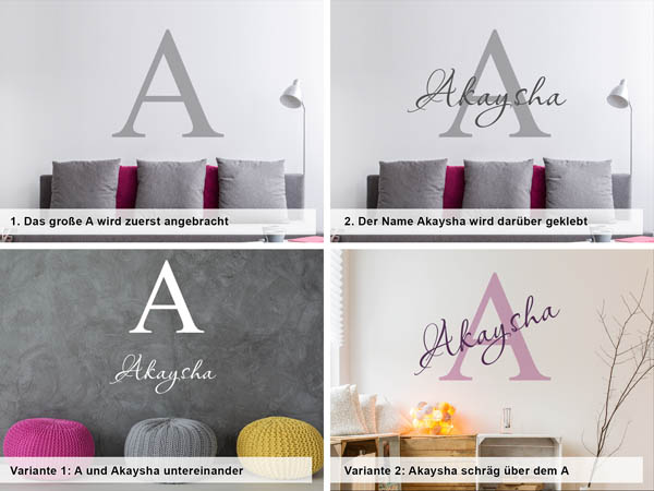 Verschiedene Anordnungen des Wandtattoos Akaysha