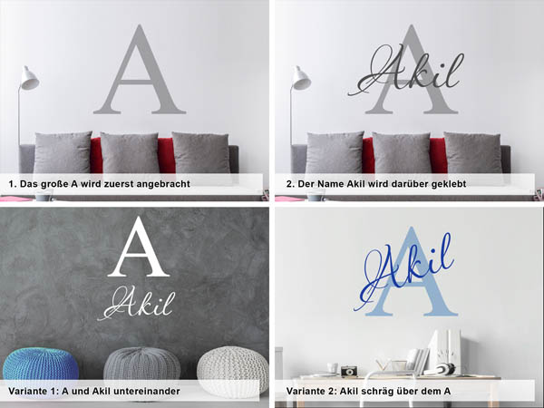 Verschiedene Anordnungen des Wandtattoos Akil