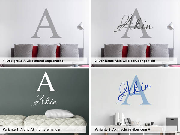 Verschiedene Anordnungen des Wandtattoos Akin