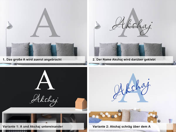 Verschiedene Anordnungen des Wandtattoos Akshaj