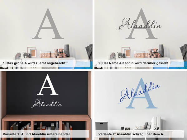 Verschiedene Anordnungen des Wandtattoos Alaaddin