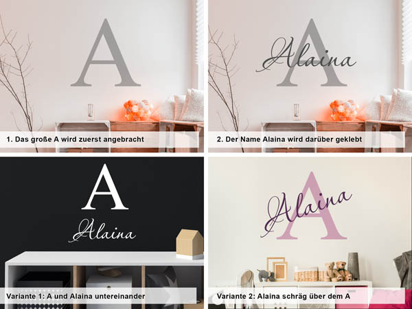 Verschiedene Anordnungen des Wandtattoos Alaina