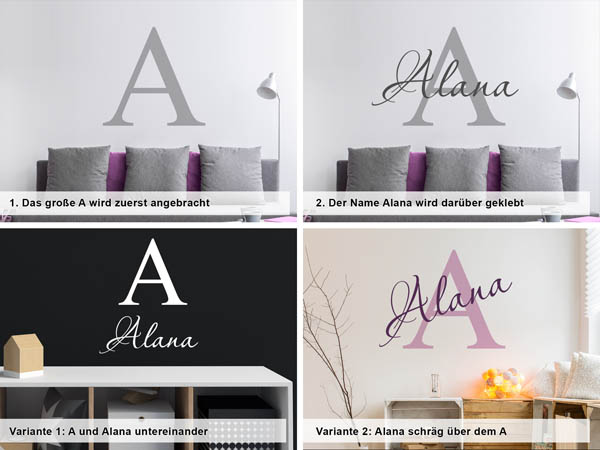 Verschiedene Anordnungen des Wandtattoos Alana