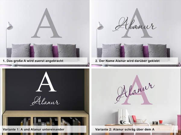 Verschiedene Anordnungen des Wandtattoos Alanur