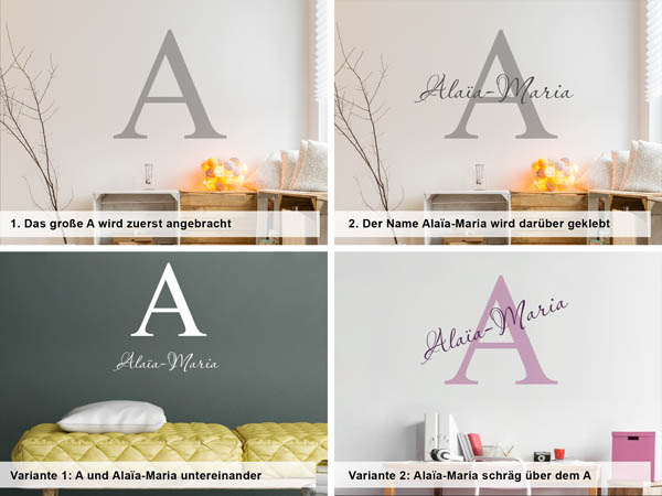 Verschiedene Anordnungen des Wandtattoos Alaïa-Maria