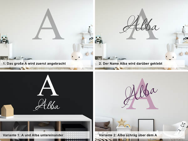 Verschiedene Anordnungen des Wandtattoos Alba