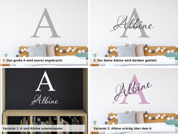 Verschiedene Anordnungen des Wandtattoos Albine