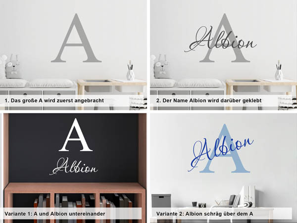 Verschiedene Anordnungen des Wandtattoos Albion