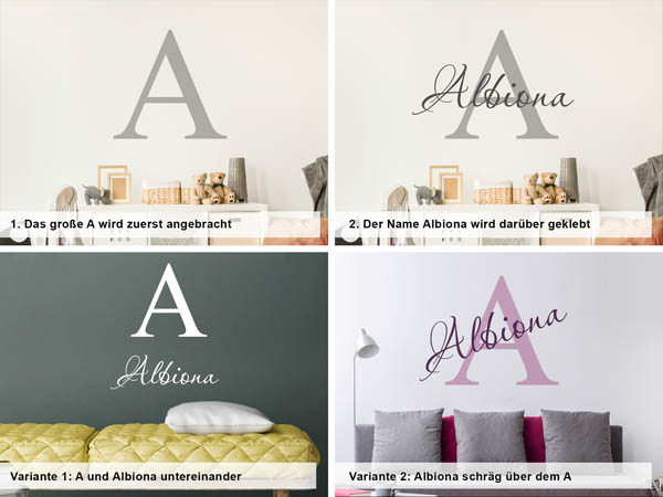 Verschiedene Anordnungen des Wandtattoos Albiona