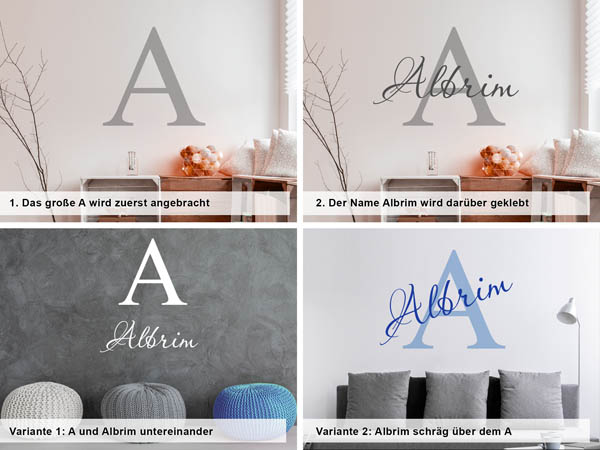 Verschiedene Anordnungen des Wandtattoos Albrim