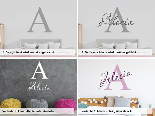 Verschiedene Anordnungen des Wandtattoos Alecia