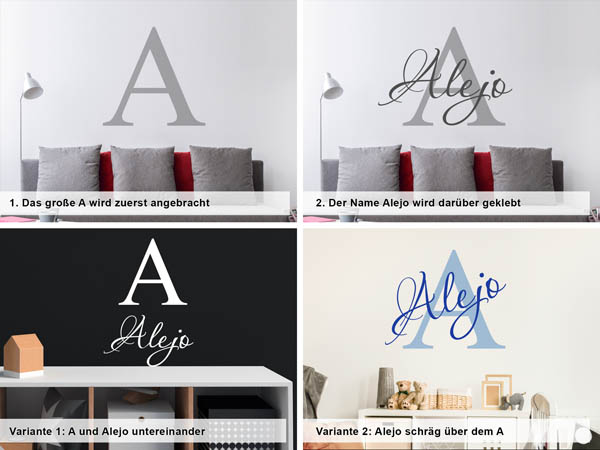 Verschiedene Anordnungen des Wandtattoos Alejo