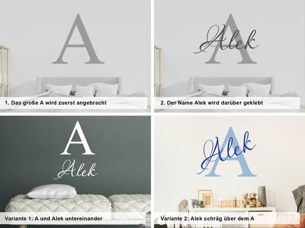 Verschiedene Anordnungen des Wandtattoos Alek