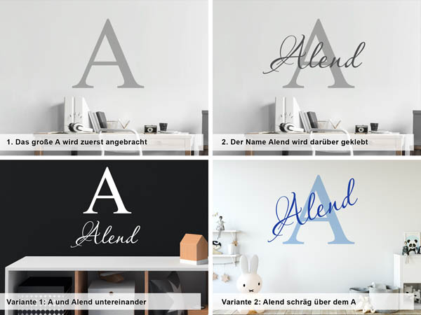 Verschiedene Anordnungen des Wandtattoos Alend