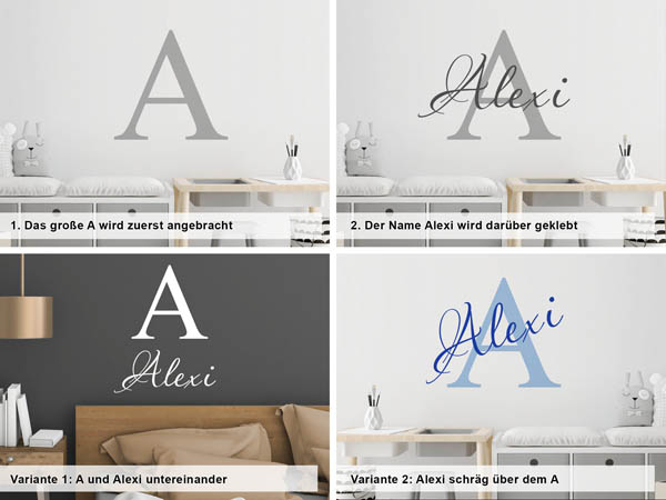 Verschiedene Anordnungen des Wandtattoos Alexi