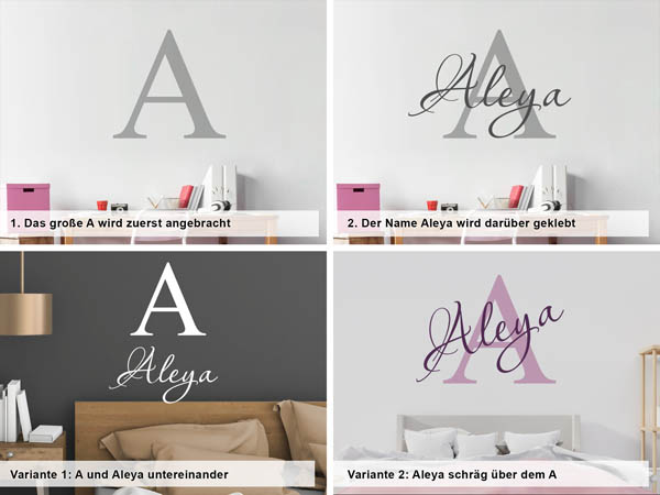 Verschiedene Anordnungen des Wandtattoos Aleya