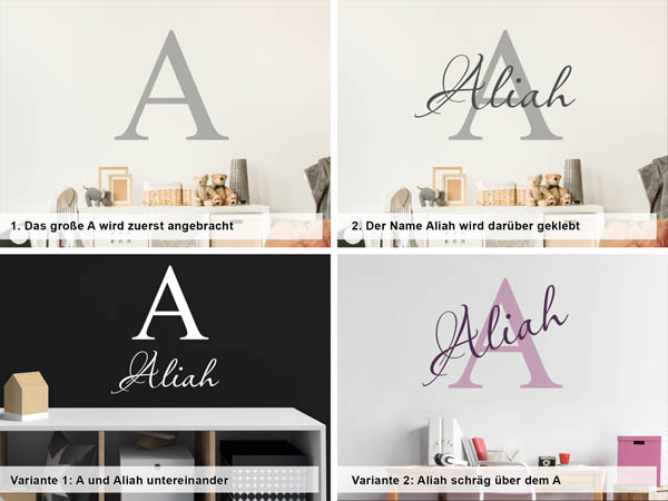 Verschiedene Anordnungen des Wandtattoos Aliah