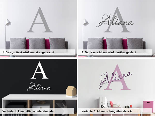 Verschiedene Anordnungen des Wandtattoos Aliana