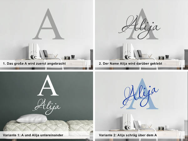 Verschiedene Anordnungen des Wandtattoos Alija