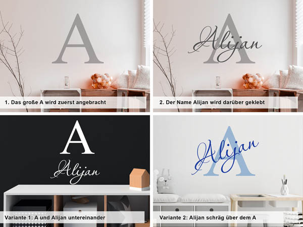 Verschiedene Anordnungen des Wandtattoos Alijan