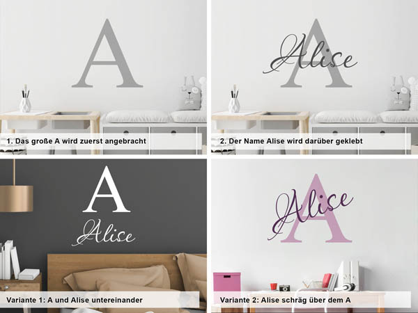 Verschiedene Anordnungen des Wandtattoos Alise