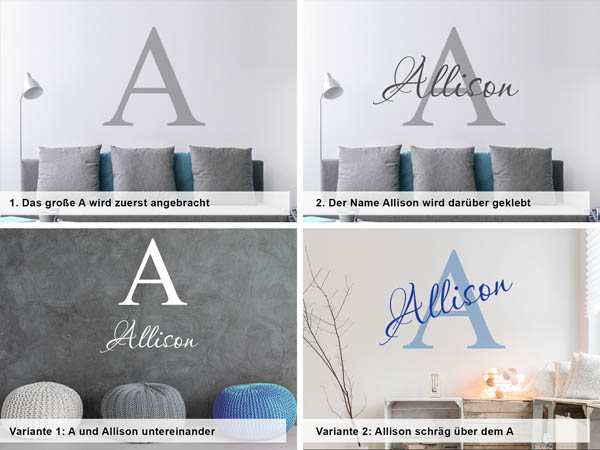 Verschiedene Anordnungen des Wandtattoos Allison