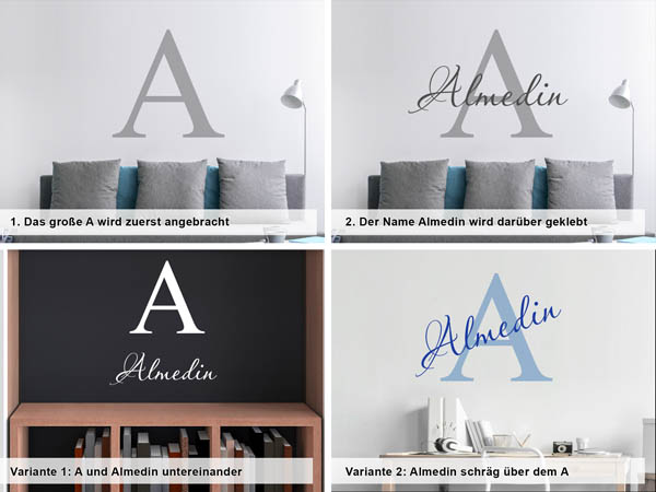 Verschiedene Anordnungen des Wandtattoos Almedin
