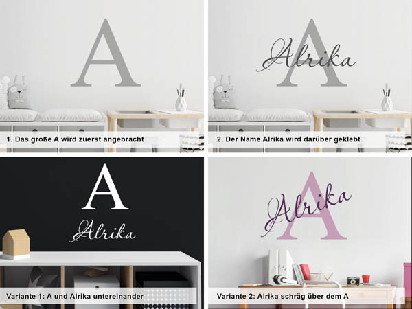 Verschiedene Anordnungen des Wandtattoos Alrika