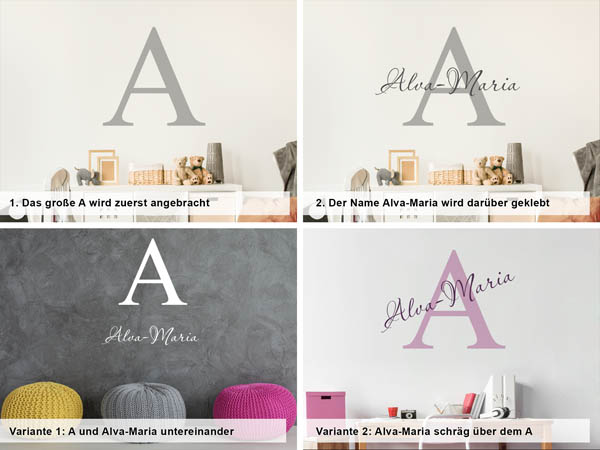 Verschiedene Anordnungen des Wandtattoos Alva-Maria