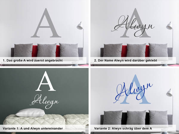 Verschiedene Anordnungen des Wandtattoos Alwyn