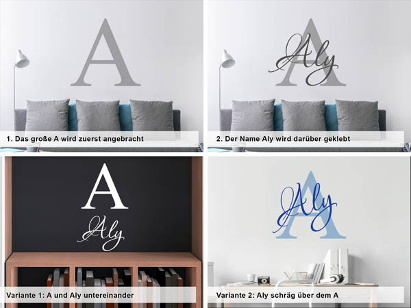 Verschiedene Anordnungen des Wandtattoos Aly