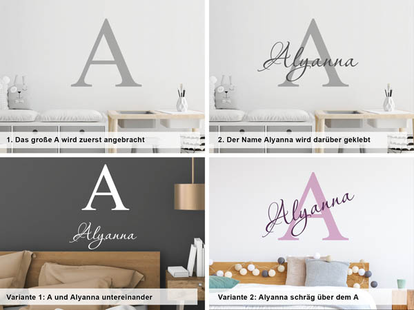 Verschiedene Anordnungen des Wandtattoos Alyanna