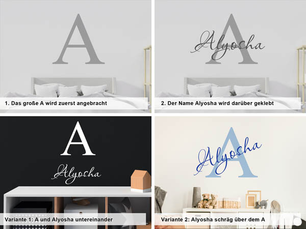 Verschiedene Anordnungen des Wandtattoos Alyosha