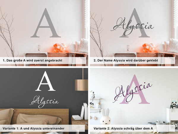 Verschiedene Anordnungen des Wandtattoos Alyssia