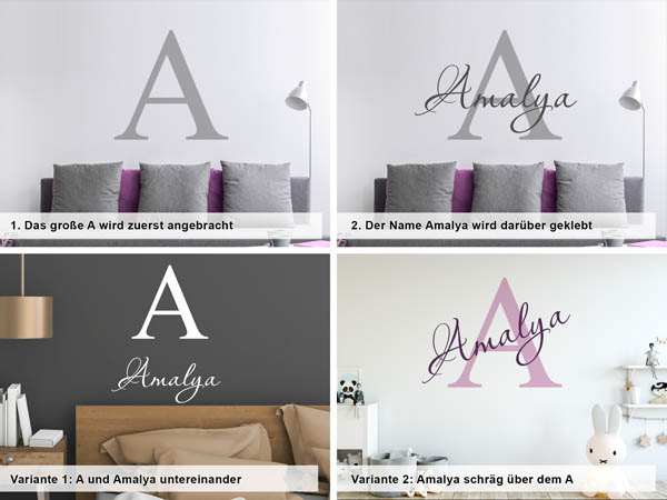 Verschiedene Anordnungen des Wandtattoos Amalya