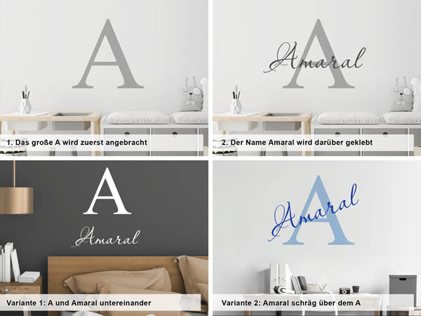 Verschiedene Anordnungen des Wandtattoos Amaral