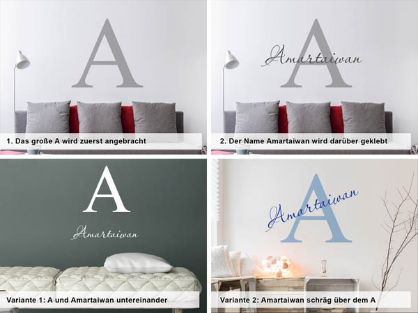 Verschiedene Anordnungen des Wandtattoos Amartaiwan