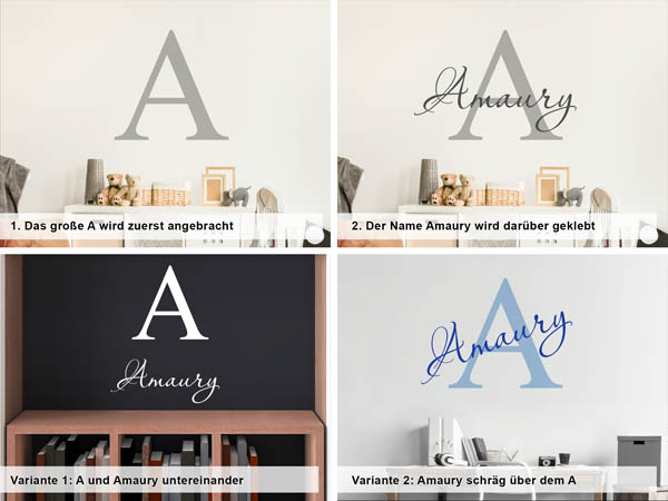 Verschiedene Anordnungen des Wandtattoos Amaury