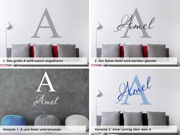 Verschiedene Anordnungen des Wandtattoos Amel